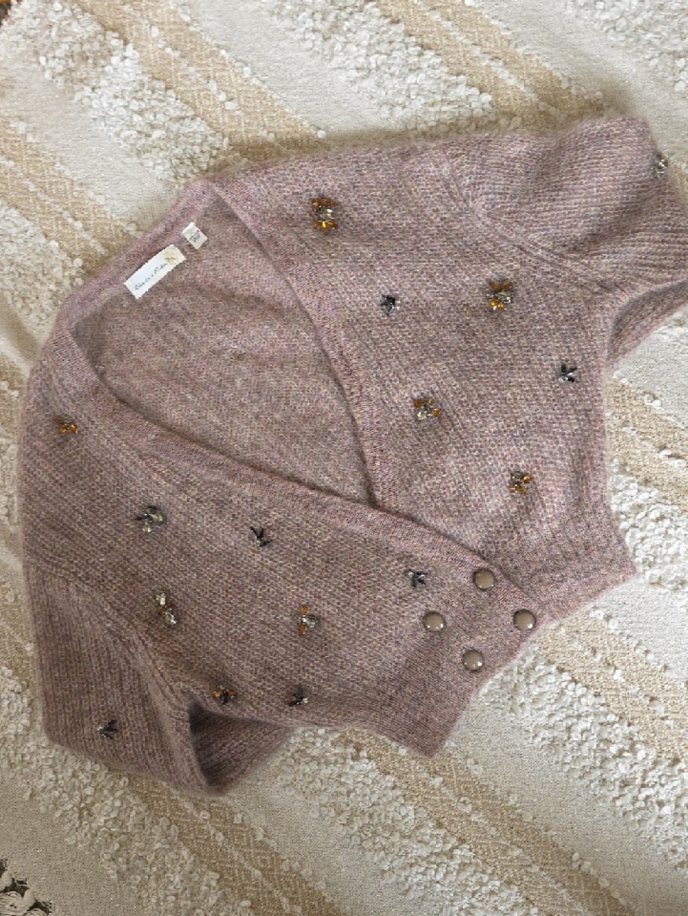 Embellished Gem Dusty Pink Mohair-Blend Button Cardigan Medium